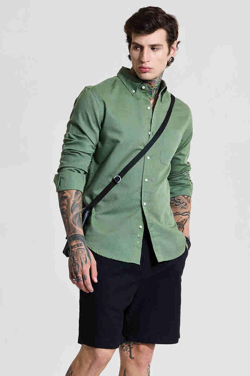 Green Slim Fit Linen Blend Shirt
