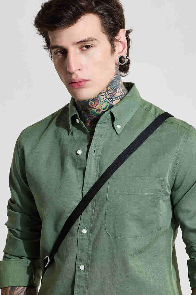 Green Slim Fit Linen Blend Shirt